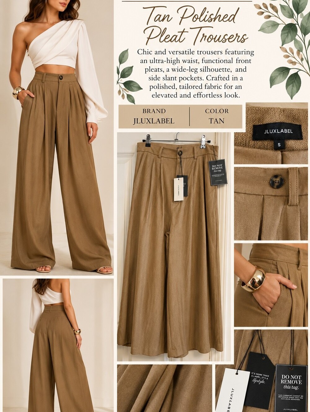 NWT JLUXLABEL Tan Wide-Leg Polished Pleat Trousers